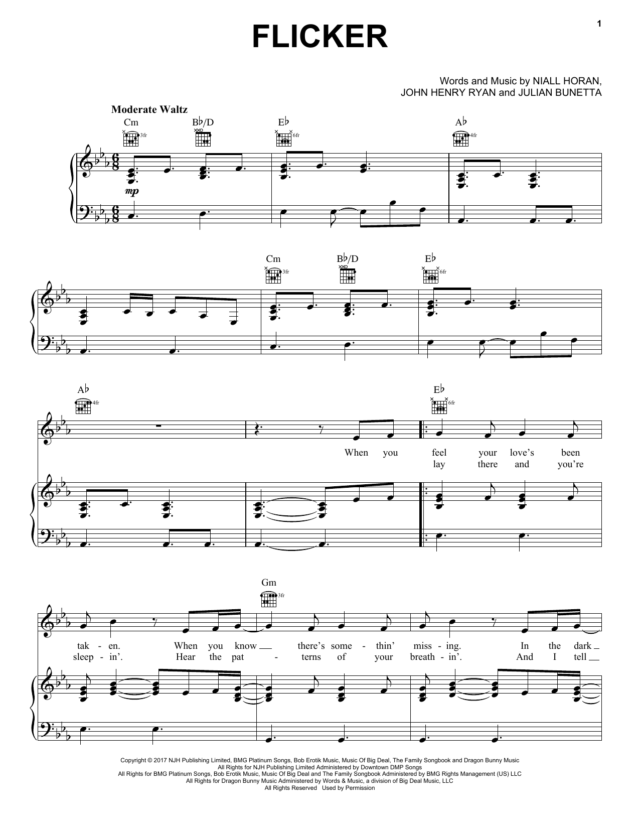 Niall Horan Flicker Sheet Music Notes & Chords for Piano, Vocal & Guitar (Right-Hand Melody) - Download or Print PDF