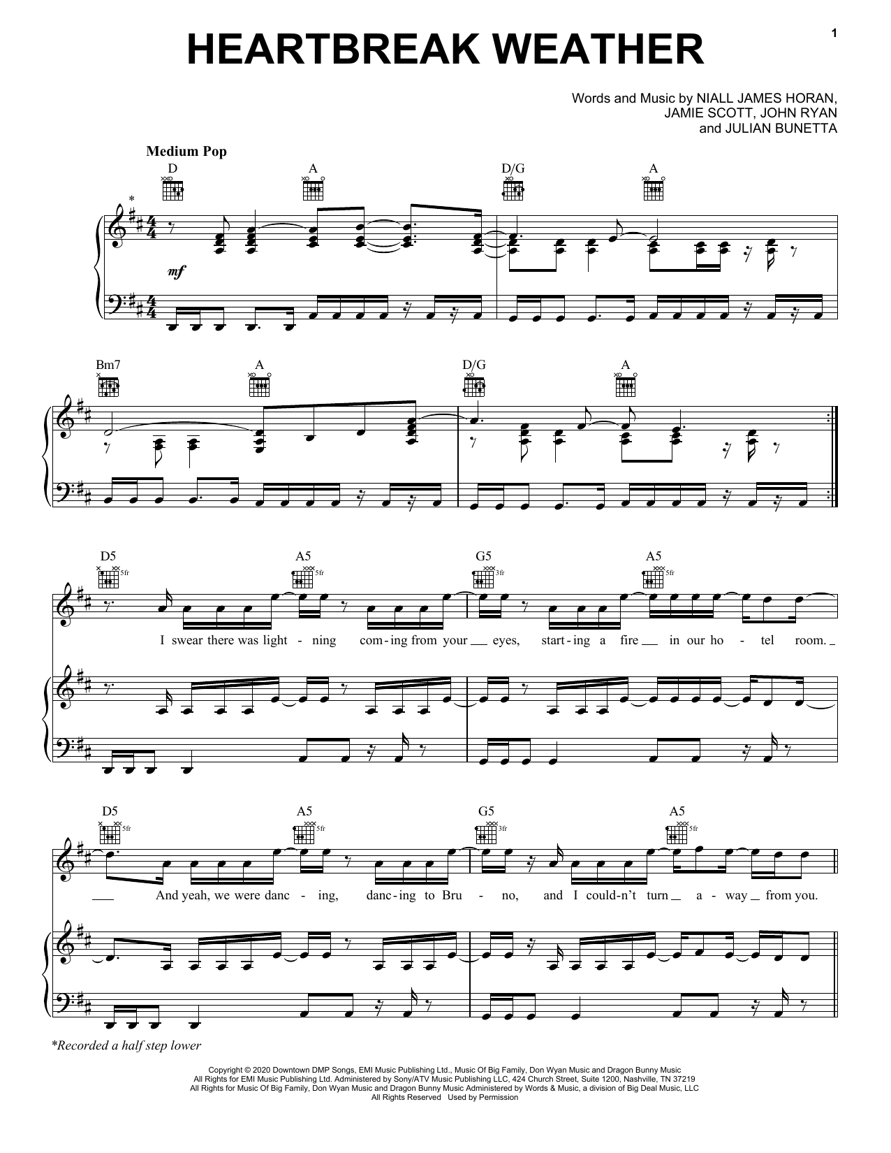 Niall Horan Heartbreak Weather Sheet Music Notes & Chords for Piano, Vocal & Guitar (Right-Hand Melody) - Download or Print PDF