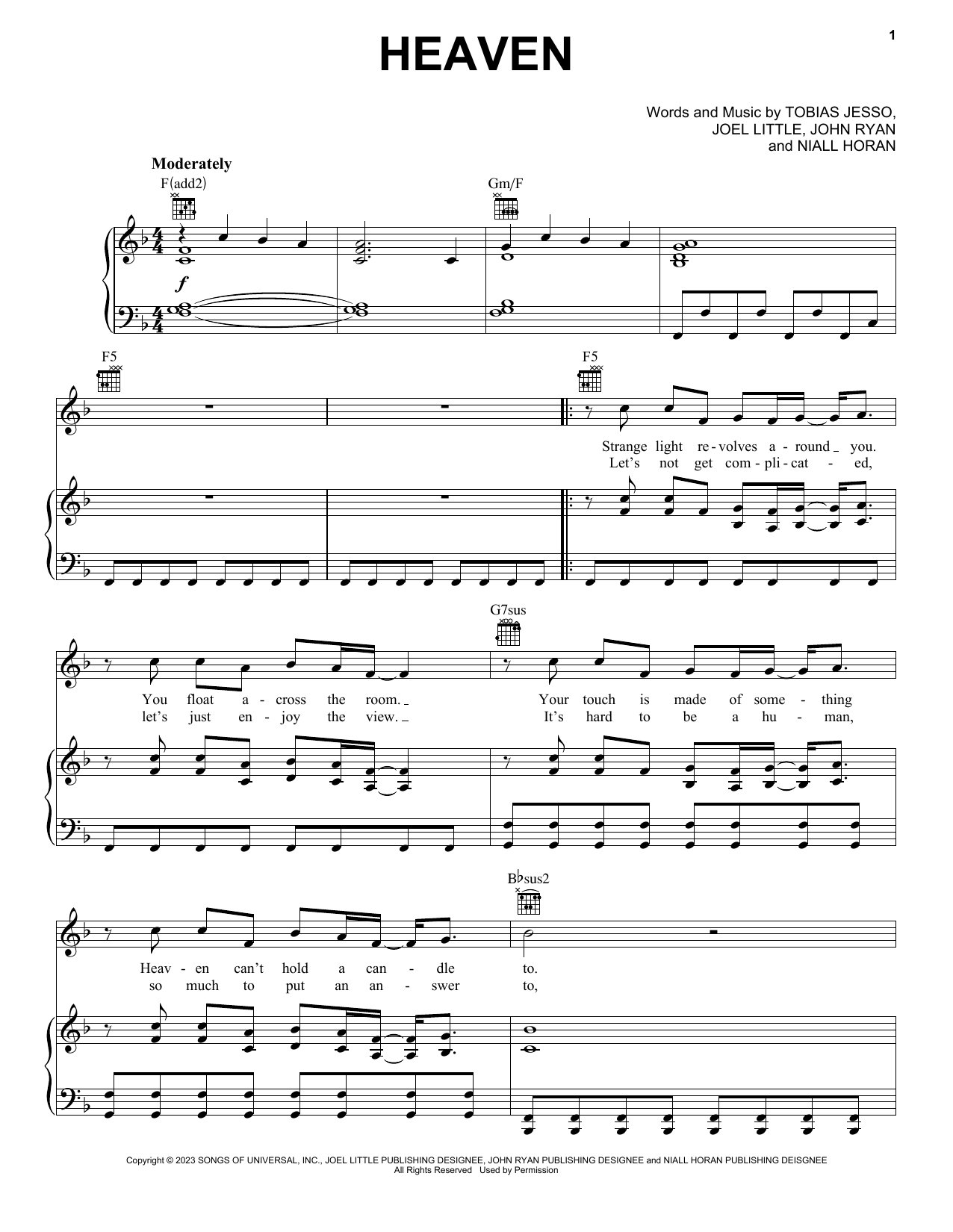 Niall Horan Heaven Sheet Music Notes & Chords for Piano, Vocal & Guitar Chords (Right-Hand Melody) - Download or Print PDF