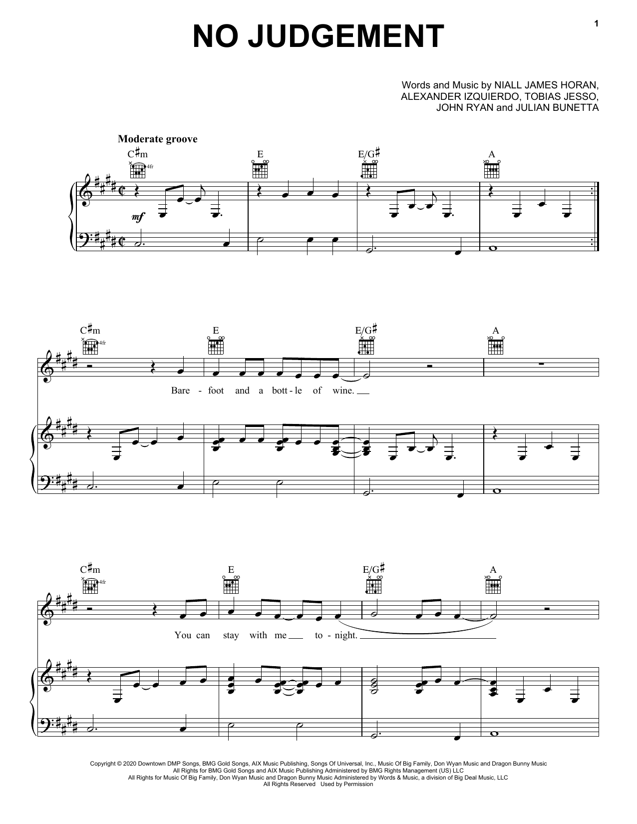 Niall Horan No Judgement Sheet Music Notes & Chords for Piano, Vocal & Guitar (Right-Hand Melody) - Download or Print PDF