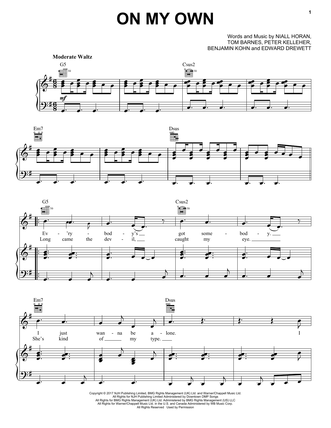 Niall Horan On My Own Sheet Music Notes & Chords for Piano, Vocal & Guitar (Right-Hand Melody) - Download or Print PDF