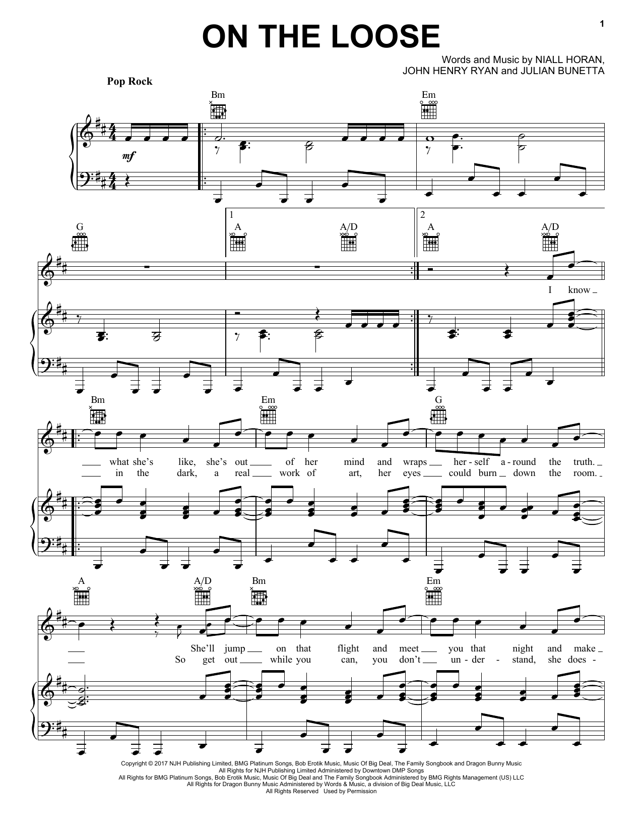 Niall Horan On The Loose Sheet Music Notes & Chords for Piano, Vocal & Guitar (Right-Hand Melody) - Download or Print PDF