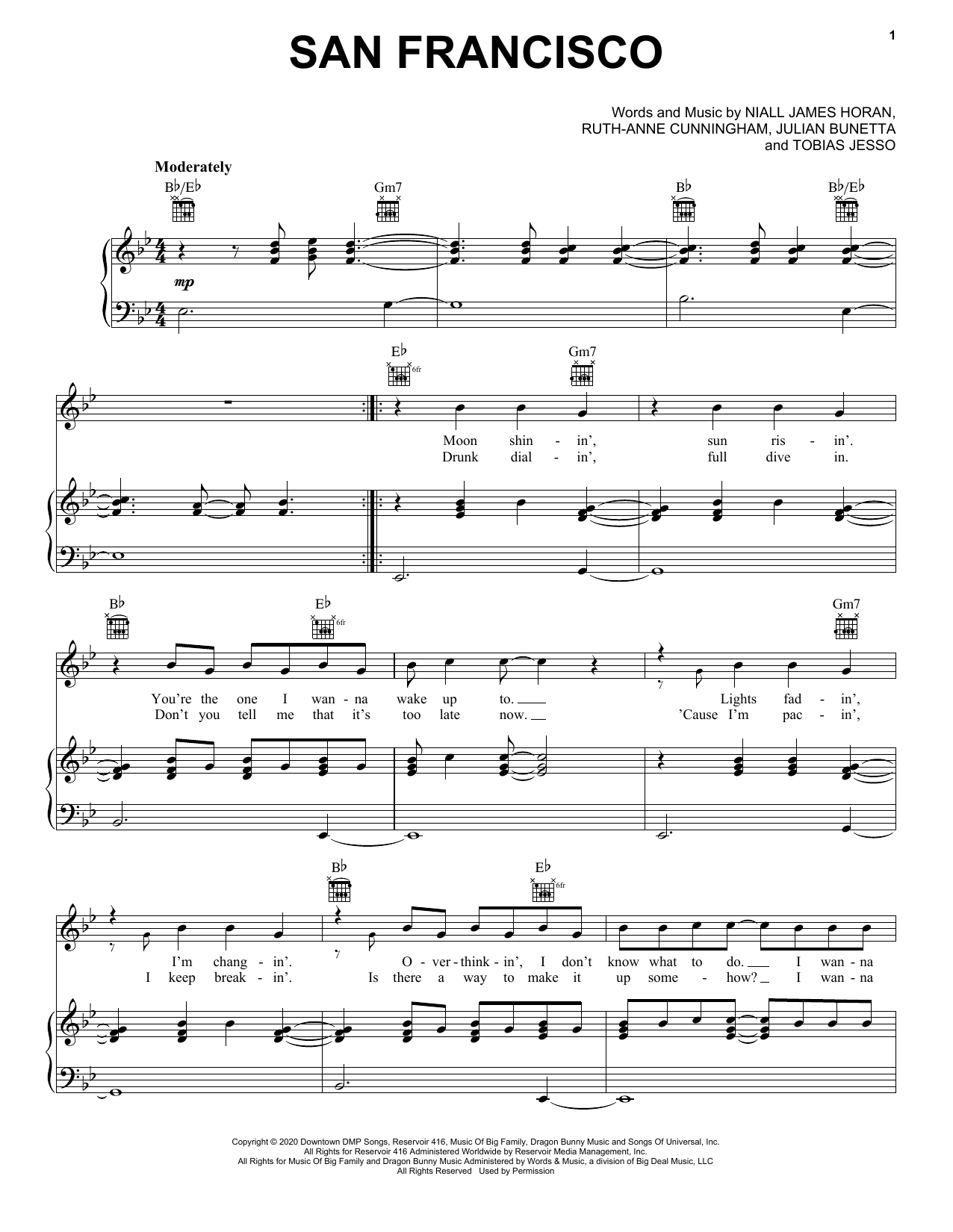 Niall Horan San Francisco Sheet Music Notes & Chords for Piano, Vocal & Guitar (Right-Hand Melody) - Download or Print PDF