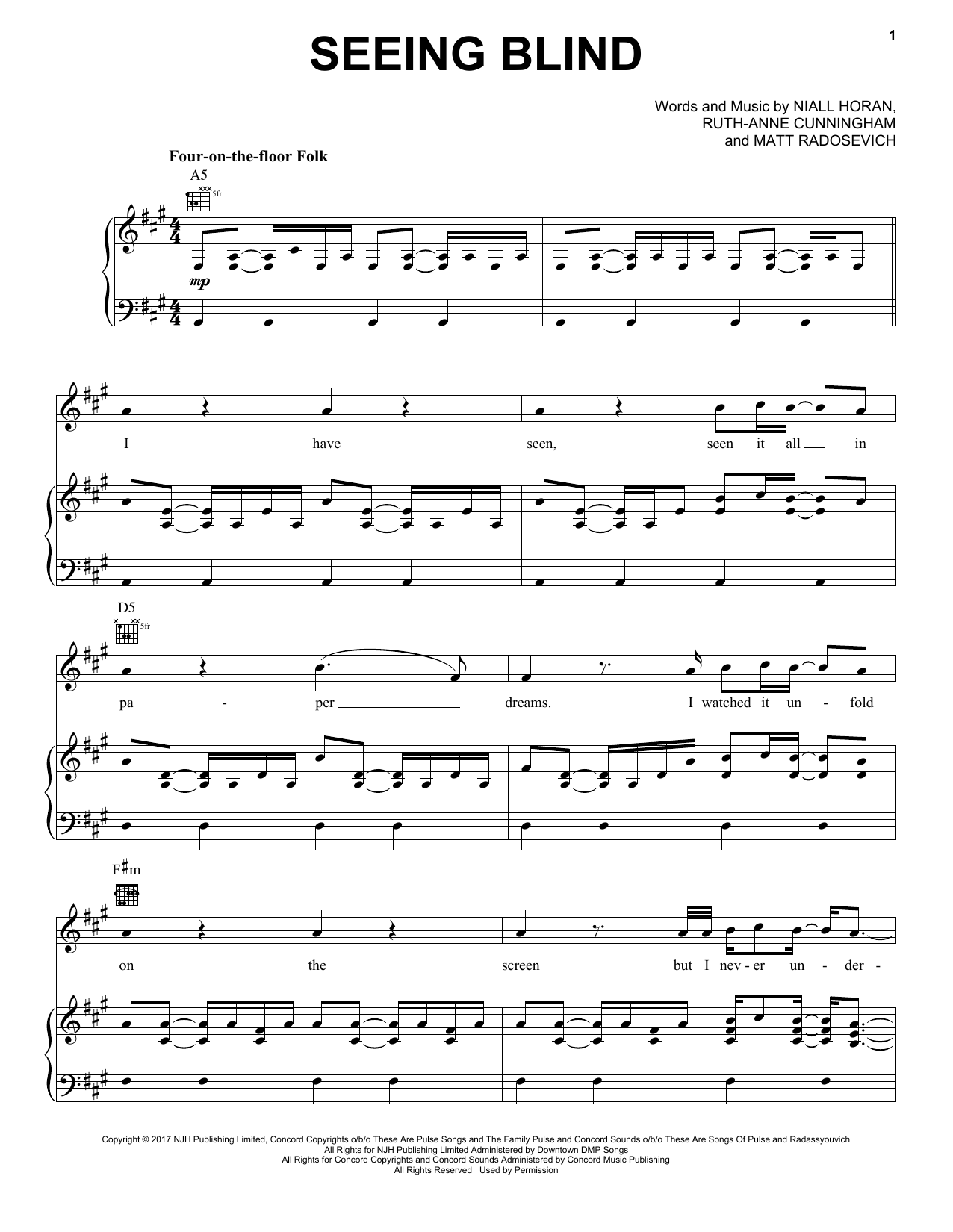 Niall Horan Seeing Blind Sheet Music Notes & Chords for Piano, Vocal & Guitar (Right-Hand Melody) - Download or Print PDF
