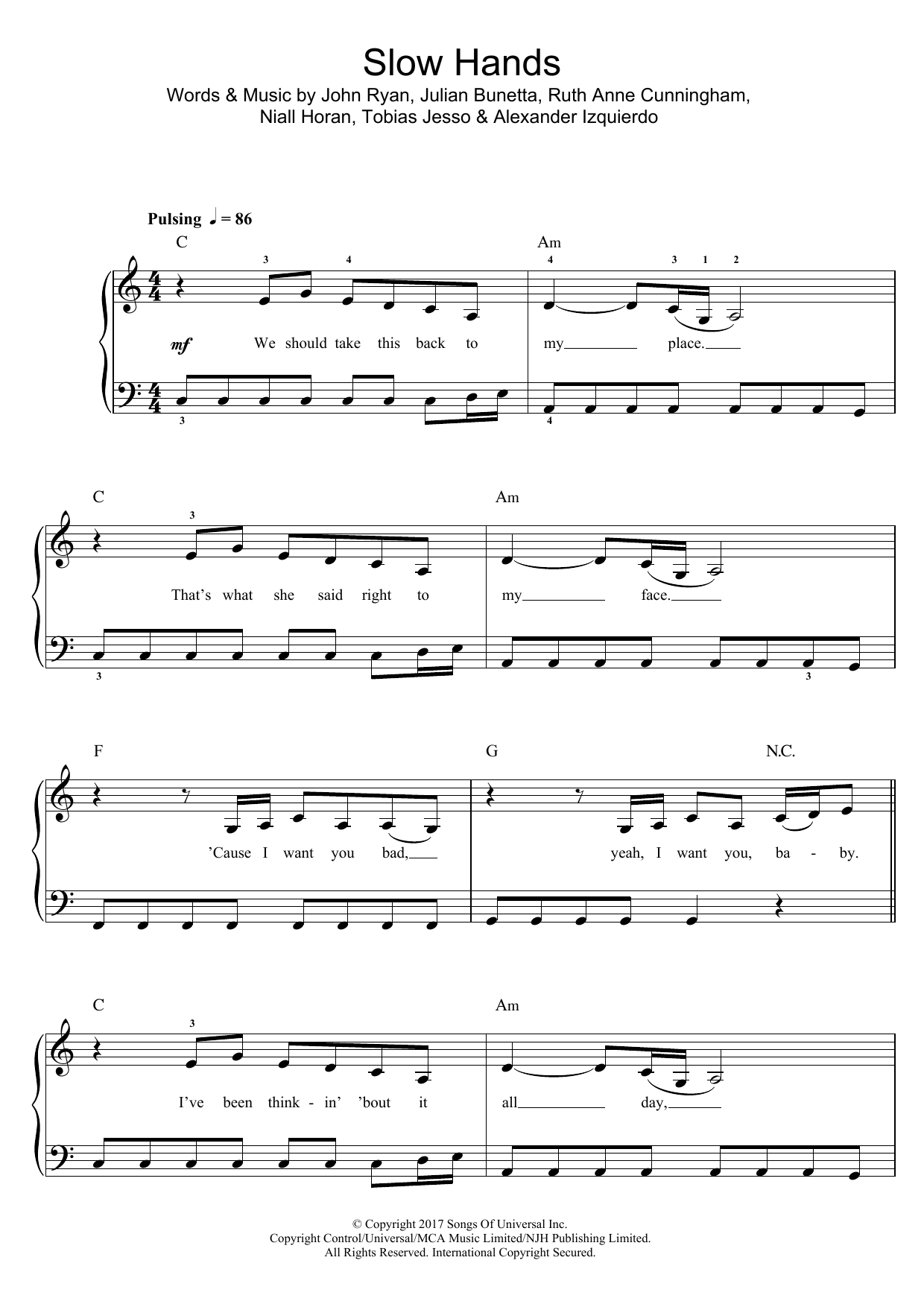 Niall Horan Slow Hands Sheet Music Notes & Chords for Beginner Piano - Download or Print PDF