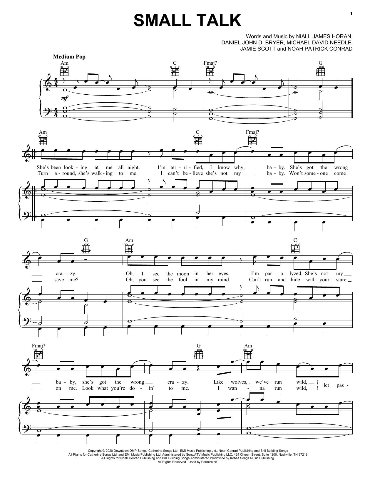 Niall Horan Small Talk Sheet Music Notes & Chords for Piano, Vocal & Guitar (Right-Hand Melody) - Download or Print PDF