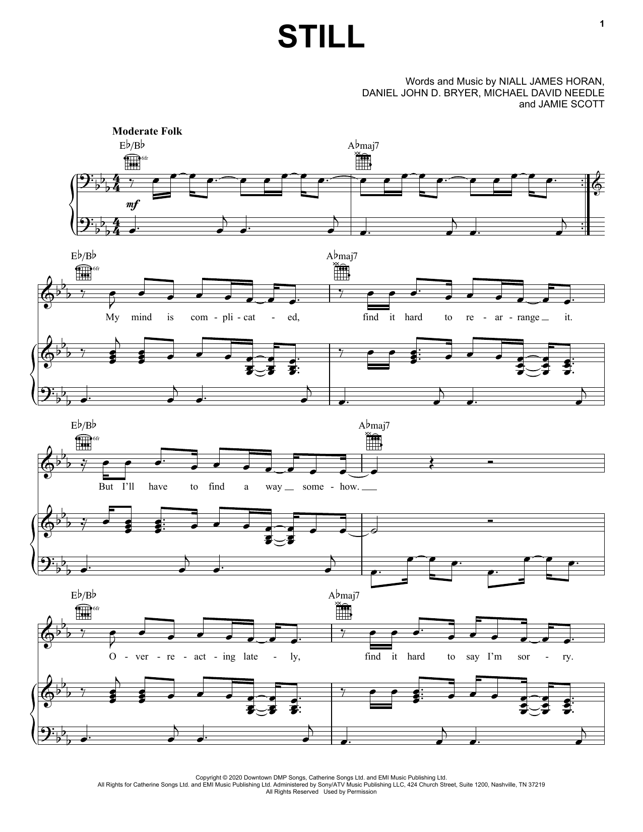 Niall Horan Still Sheet Music Notes & Chords for Piano, Vocal & Guitar (Right-Hand Melody) - Download or Print PDF