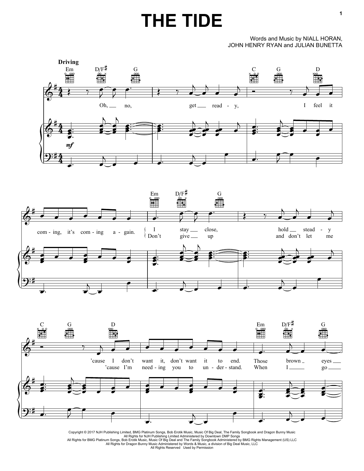 Niall Horan The Tide Sheet Music Notes & Chords for Piano, Vocal & Guitar (Right-Hand Melody) - Download or Print PDF
