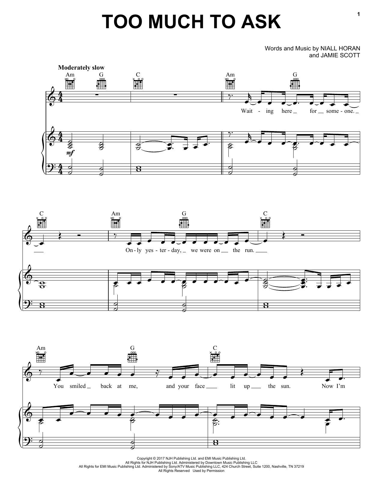 Niall Horan Too Much To Ask Sheet Music Notes & Chords for Piano, Vocal & Guitar (Right-Hand Melody) - Download or Print PDF