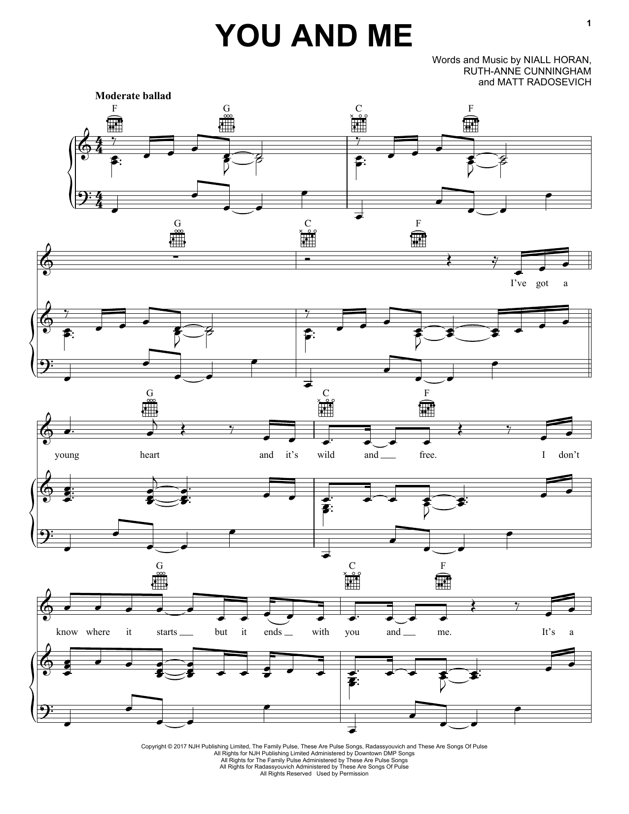 Niall Horan You And Me Sheet Music Notes & Chords for Piano, Vocal & Guitar (Right-Hand Melody) - Download or Print PDF