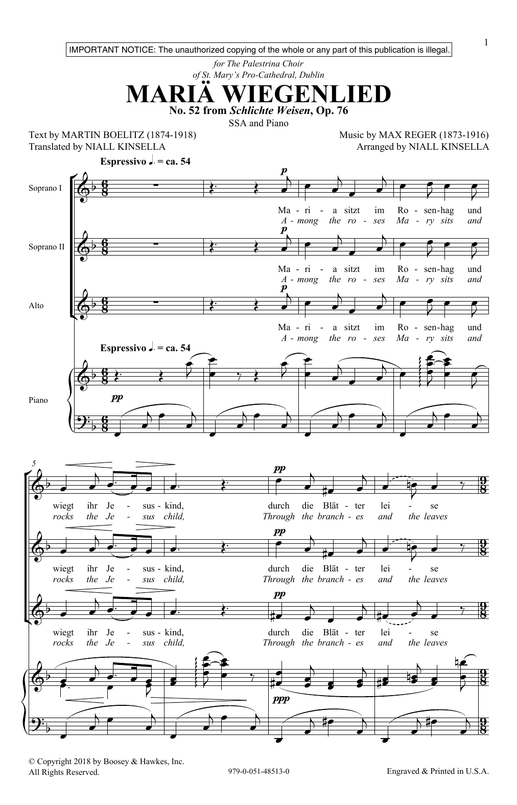 Niall Kinsella Maria Wiegenlied Sheet Music Notes & Chords for SSA Choir - Download or Print PDF