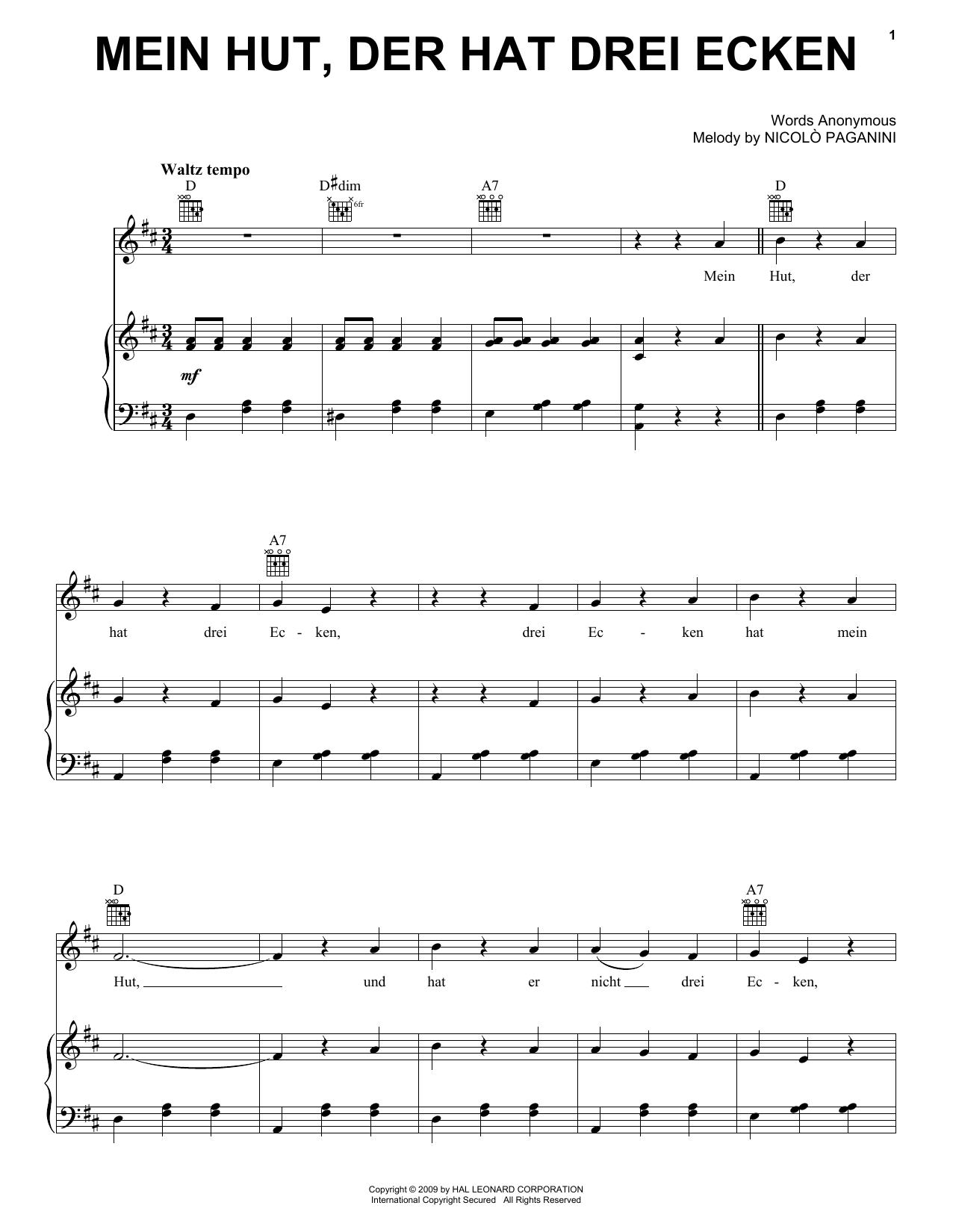 Nicolo Paganini Mein Hut, Der Hat Drei Ecken Sheet Music Notes & Chords for Piano, Vocal & Guitar (Right-Hand Melody) - Download or Print PDF