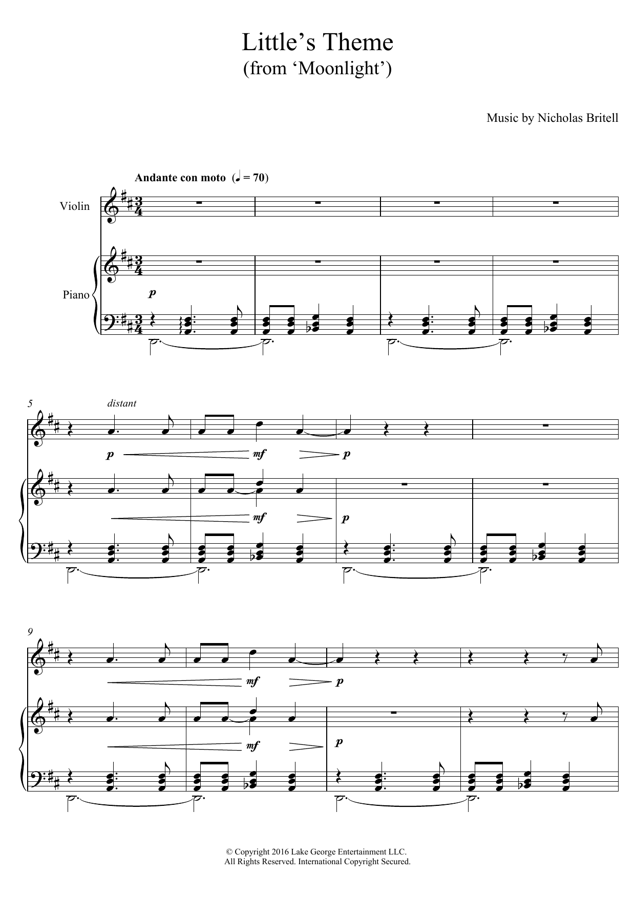 Nicholas Britell Little's Theme (from 'Moonlight') Sheet Music Notes & Chords for Violin with Piano Accompaniment - Download or Print PDF