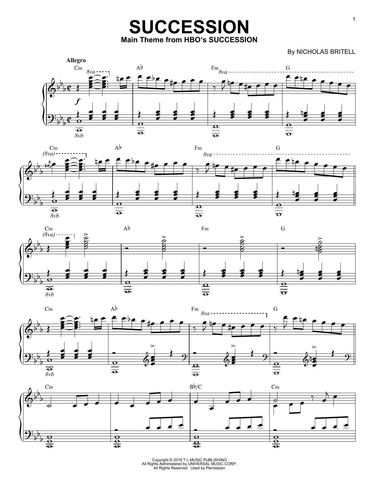 Nicholas Britell Succession Theme Sheet Music Notes & Chords for Piano Solo - Download or Print PDF