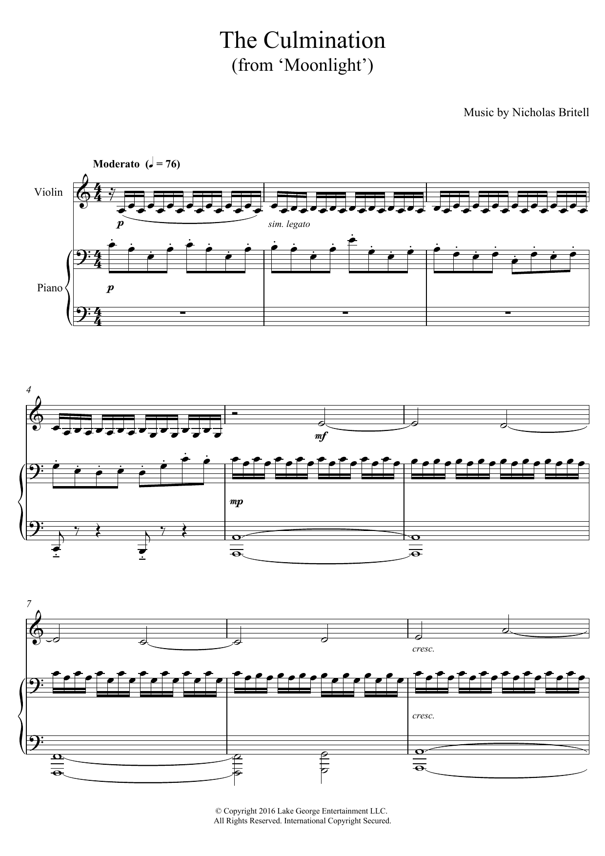 Nicholas Britell The Culmination (from 'Moonlight') Sheet Music Notes & Chords for Violin with Piano Accompaniment - Download or Print PDF