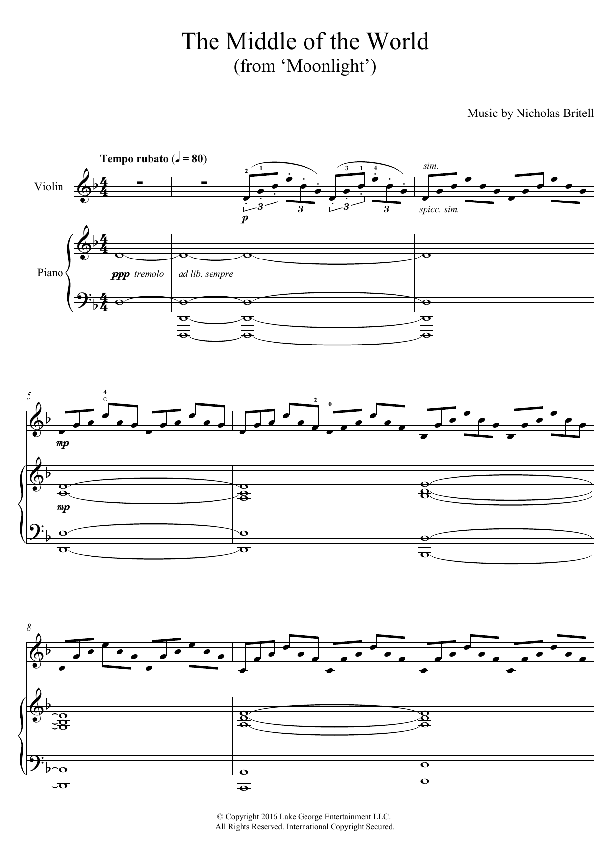 Nicholas Britell The Middle Of The World (from 'Moonlight') Sheet Music Notes & Chords for Violin with Piano Accompaniment - Download or Print PDF