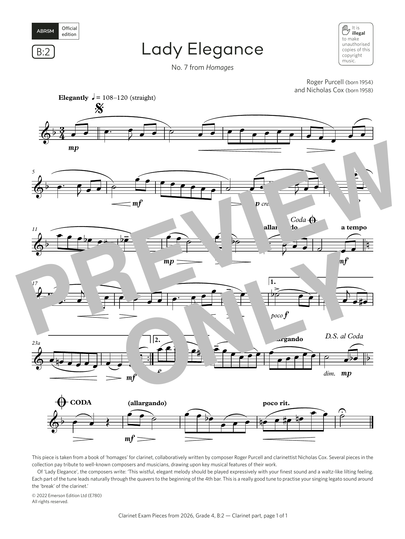 Nicholas Cox Lady Elegance (Grade 4, list B2, from the ABRSM Clarinet Syllabus from 2026) Sheet Music Notes & Chords for Clarinet Solo - Download or Print PDF Nicholas Cox Lady Elegance (Grade 4, list B2, from the ABRSM Clarinet Syllabus from 2026) Sheet Music Notes & Chords for Clarinet Solo - Download or Print PDF