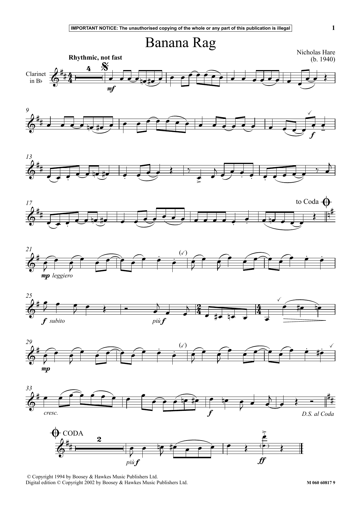 Nicholas Hare Banana Rag Sheet Music Notes & Chords for Instrumental Solo - Download or Print PDF