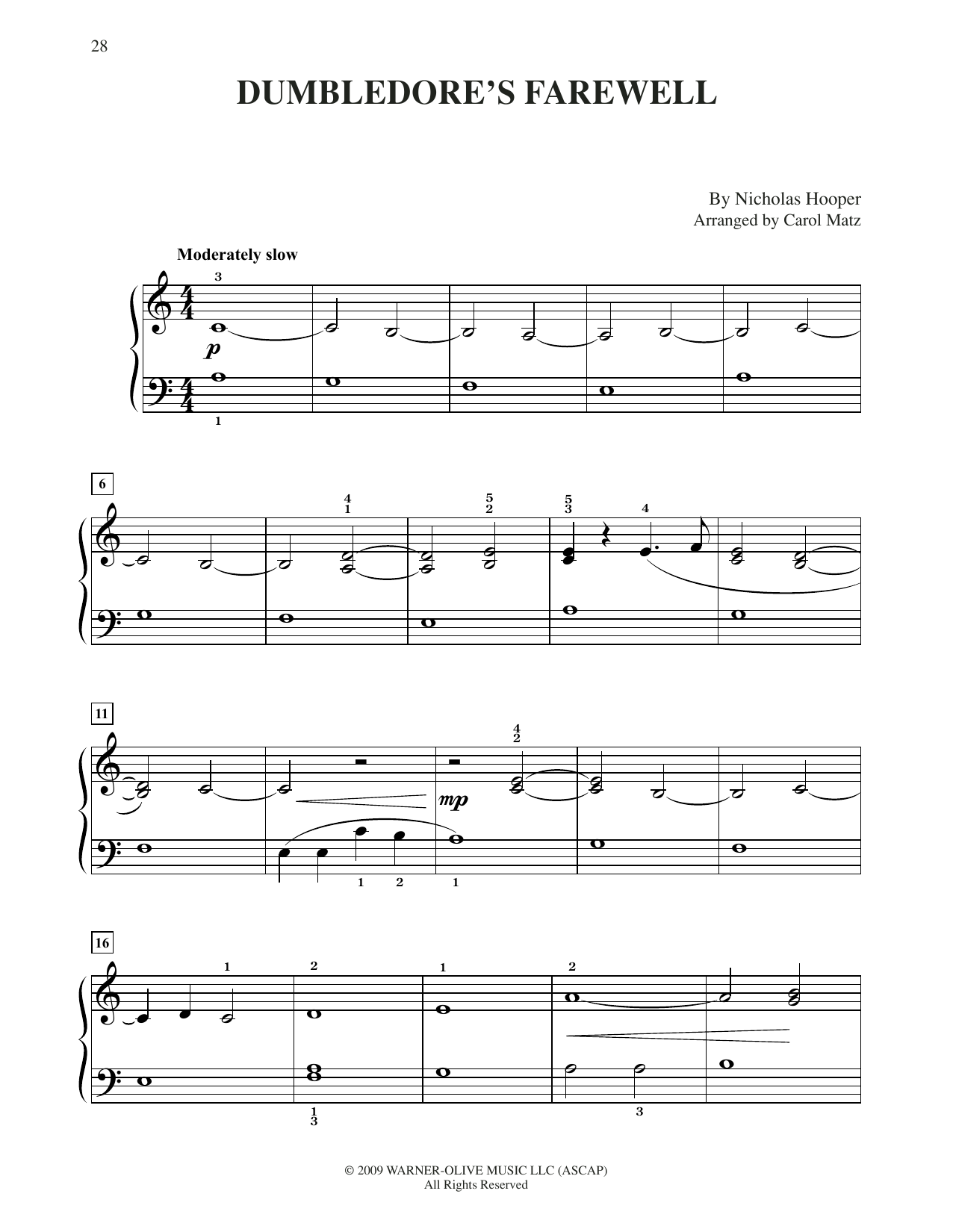 Nicholas Hooper Dumbledore's Farewell (from Harry Potter) (arr. Carol Matz) Sheet Music Notes & Chords for Big Note Piano - Download or Print PDF