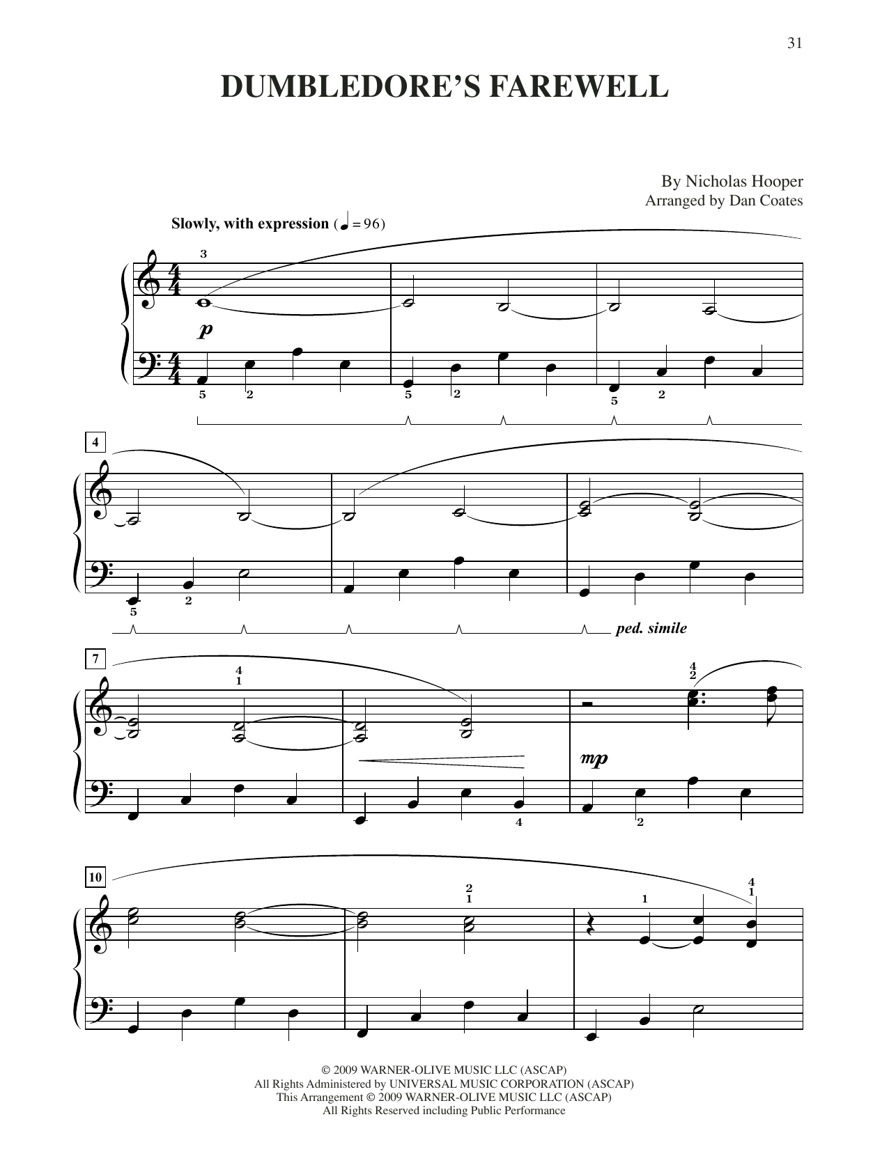 Nicholas Hooper Dumbledore's Farewell (from Harry Potter) (arr. Dan Coates) Sheet Music Notes & Chords for Easy Piano - Download or Print PDF