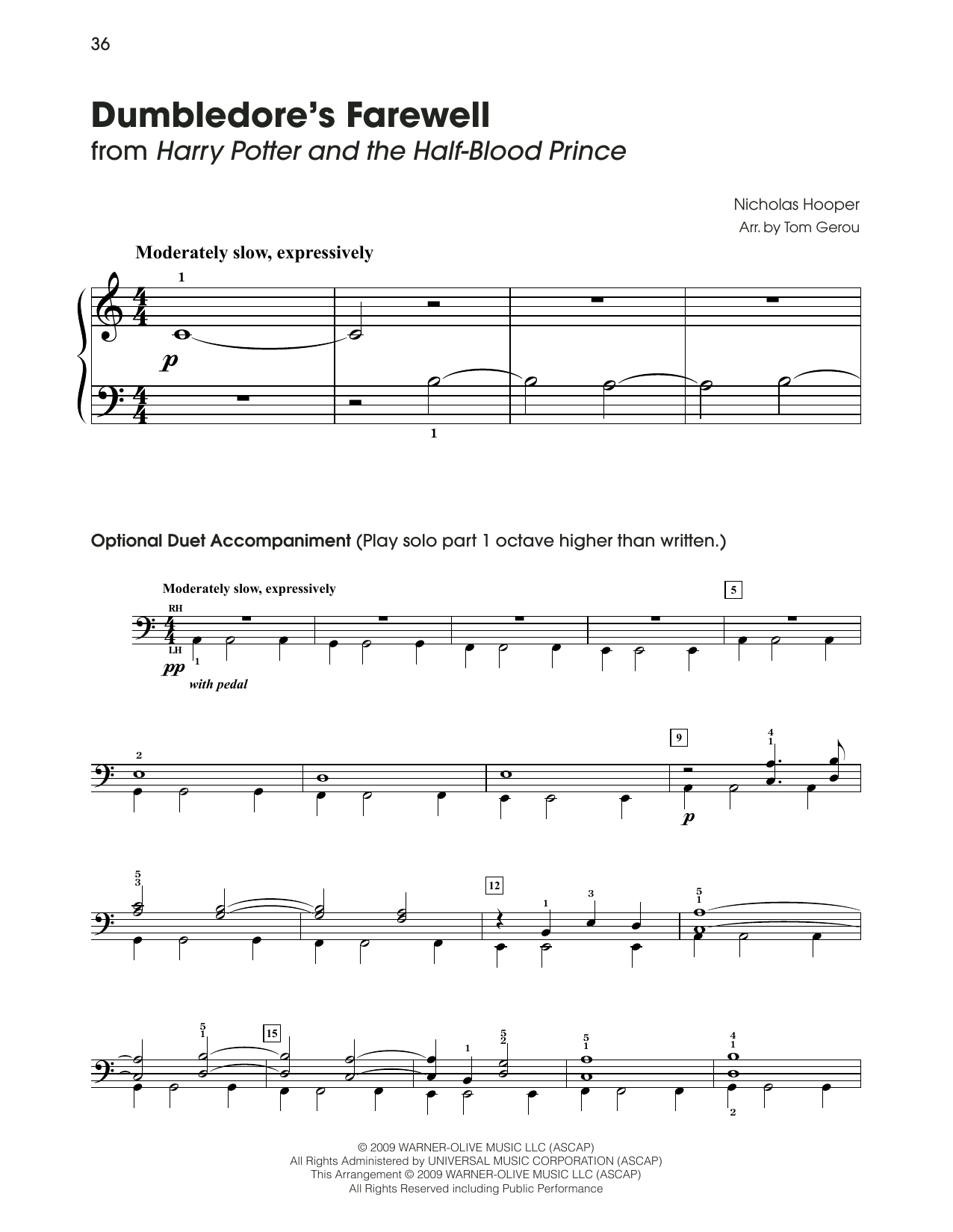 Nicholas Hooper Dumbledore's Farewell (from Harry Potter) (arr. Tom Gerou) Sheet Music Notes & Chords for 5-Finger Piano - Download or Print PDF