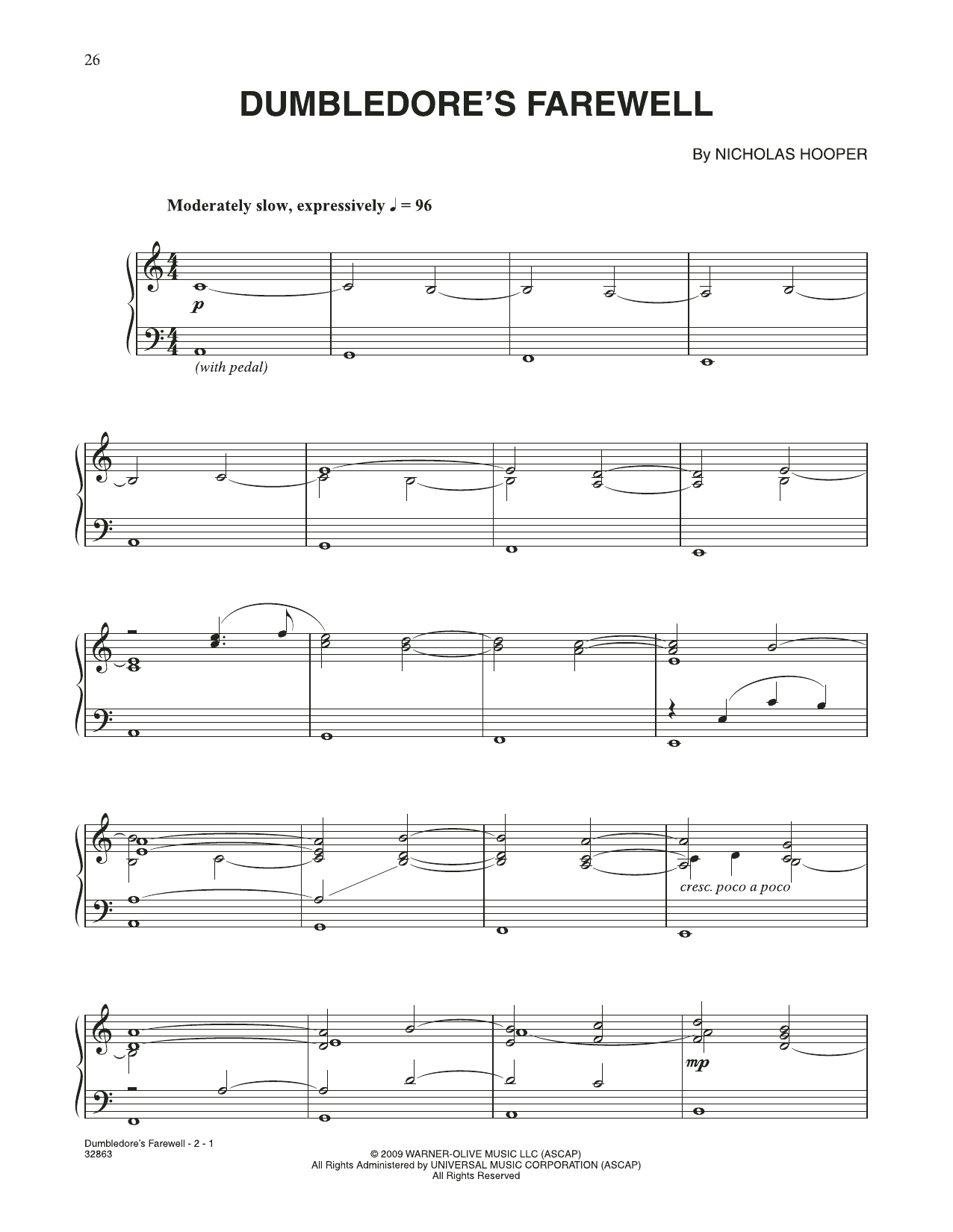 Nicholas Hooper Dumbledore's Farewell (from Harry Potter) Sheet Music Notes & Chords for Piano Solo - Download or Print PDF
