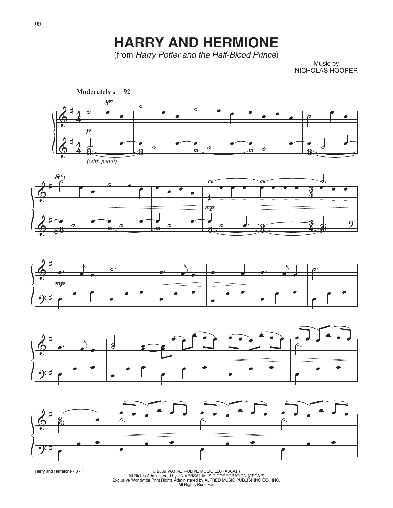 Nicholas Hooper Harry & Hermione (from Harry Potter And The Half-Blood Prince) Sheet Music Notes & Chords for Piano Solo - Download or Print PDF