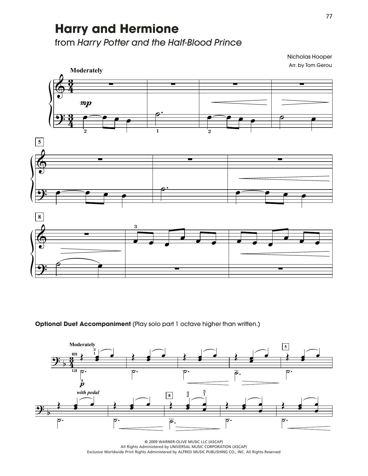 Nicholas Hooper Harry & Hermione (from Harry Potter) (arr. Tom Gerou) Sheet Music Notes & Chords for 5-Finger Piano - Download or Print PDF