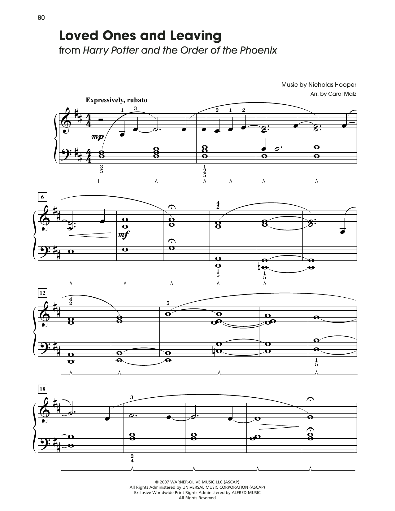 Nicholas Hooper Loved Ones And Leaving (from Harry Potter) (arr. Carol Matz) Sheet Music Notes & Chords for Big Note Piano - Download or Print PDF
