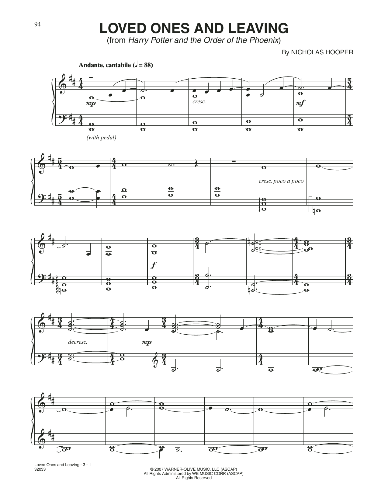 Nicholas Hooper Loved Ones And Leaving (from Harry Potter) Sheet Music Notes & Chords for Piano Solo - Download or Print PDF