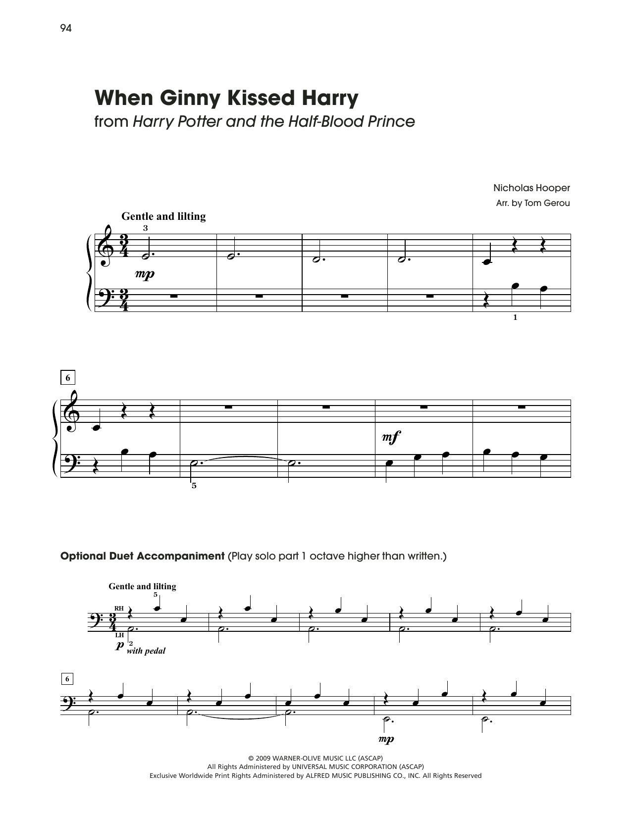 Nicholas Hooper When Ginny Kissed Harry (from Harry Potter) (arr. Tom Gerou) Sheet Music Notes & Chords for 5-Finger Piano - Download or Print PDF