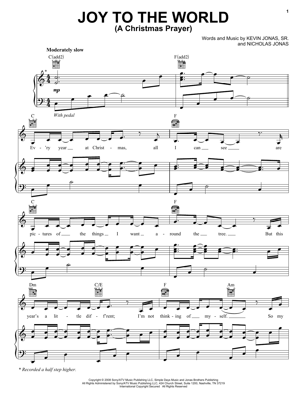 Nicholas Jonas Joy To The World (A Christmas Prayer) Sheet Music Notes & Chords for Piano, Vocal & Guitar (Right-Hand Melody) - Download or Print PDF