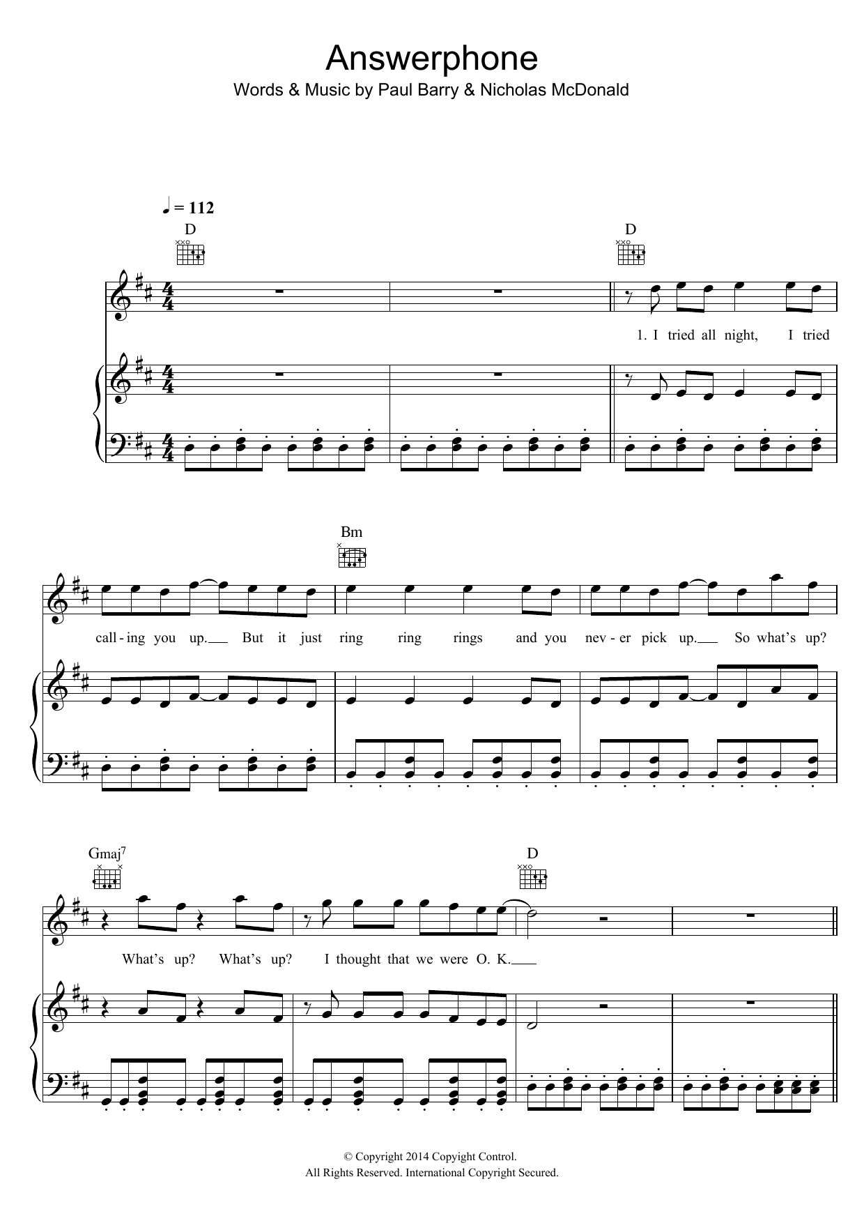 Nicholas McDonald Answerphone Sheet Music Notes & Chords for Piano, Vocal & Guitar (Right-Hand Melody) - Download or Print PDF