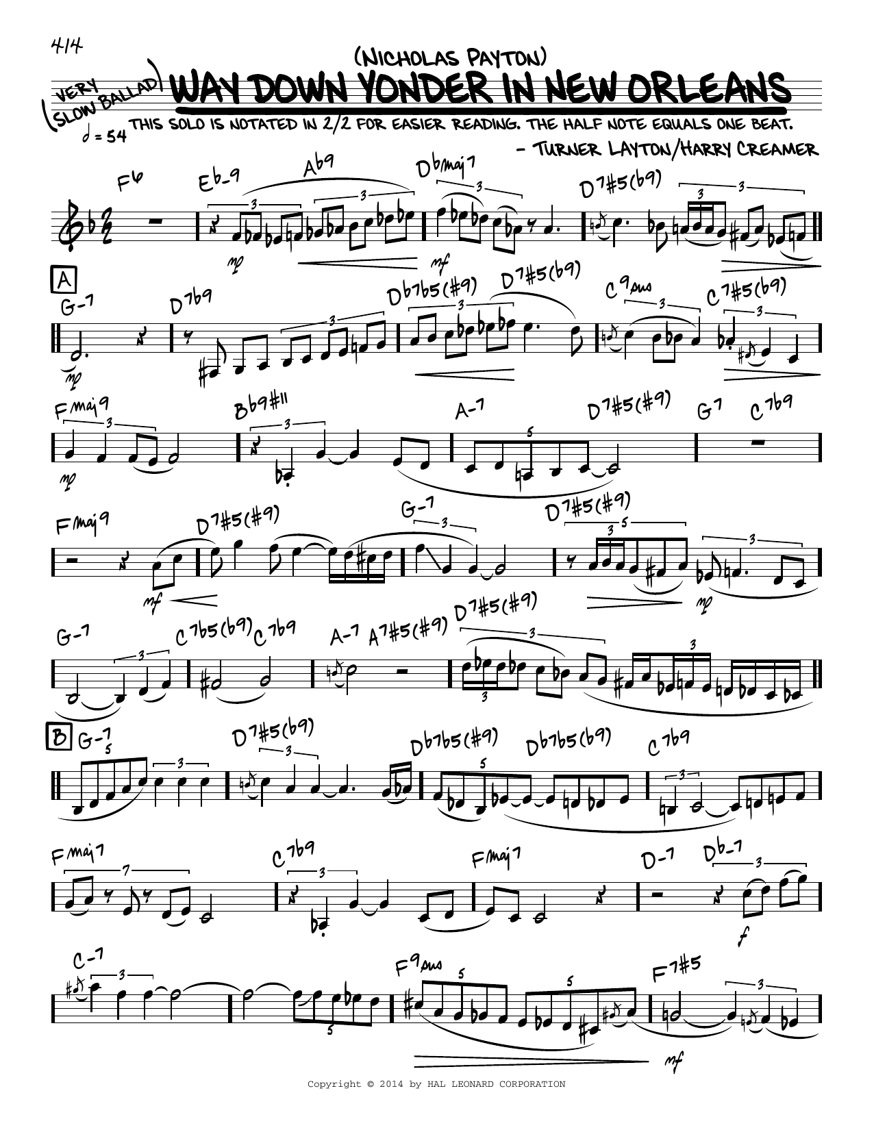 Nicholas Payton 'Way Down Yonder In New Orleans (solo only) Sheet Music Notes & Chords for Real Book – Melody & Chords - Download or Print PDF
