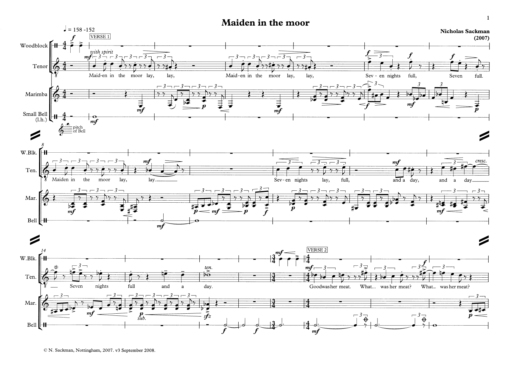 Nicholas Sackman Maiden in the moor (for tenor and percussion) Sheet Music Notes & Chords for Piano & Vocal - Download or Print PDF