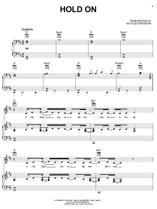 Nichole Nordeman Hold On Sheet Music Notes & Chords for Piano, Vocal & Guitar (Right-Hand Melody) - Download or Print PDF
