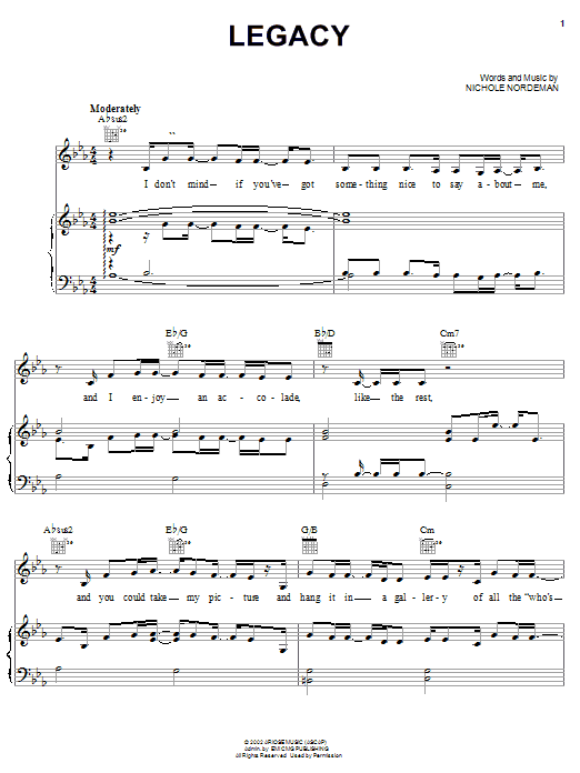 Nichole Nordeman Legacy Sheet Music Notes & Chords for Piano, Vocal & Guitar (Right-Hand Melody) - Download or Print PDF