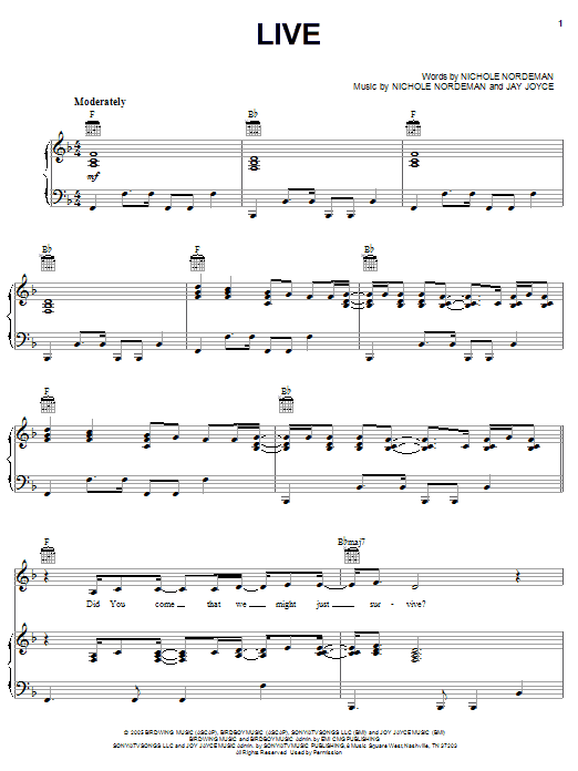 Nichole Nordeman Live Sheet Music Notes & Chords for Piano, Vocal & Guitar (Right-Hand Melody) - Download or Print PDF