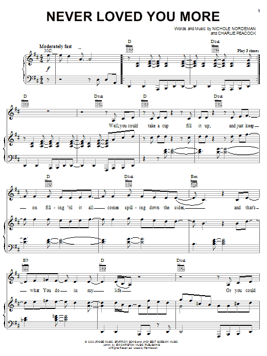 Nichole Nordeman Never Loved You More Sheet Music Notes & Chords for Piano, Vocal & Guitar (Right-Hand Melody) - Download or Print PDF