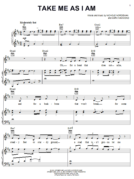 Nichole Nordeman Take Me As I Am Sheet Music Notes & Chords for Piano, Vocal & Guitar (Right-Hand Melody) - Download or Print PDF