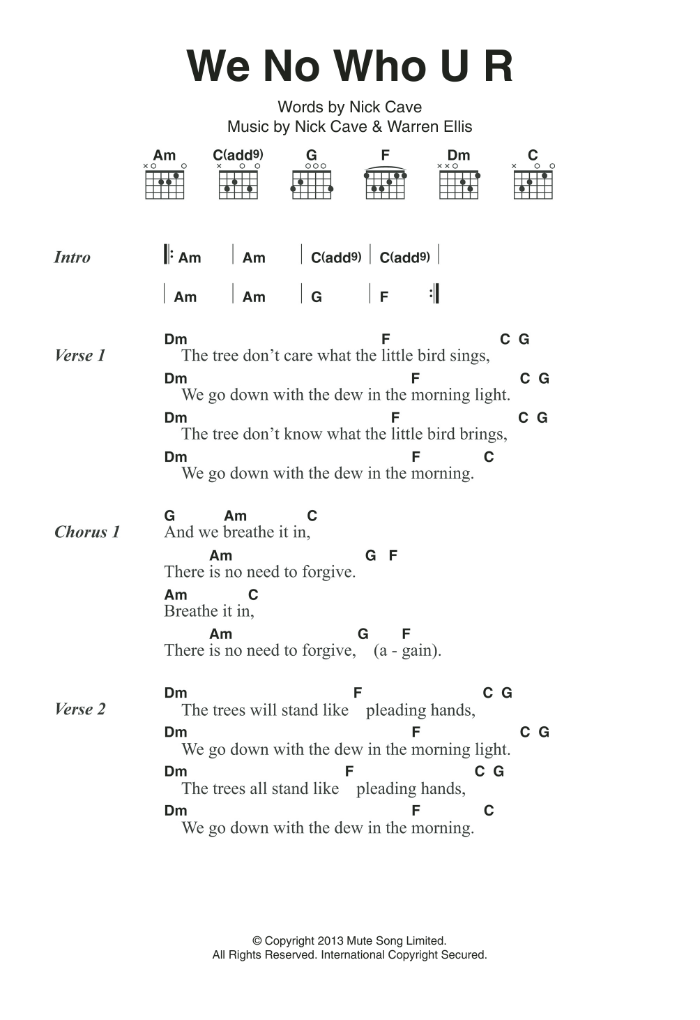 Nick Cave & The Bad Seeds We No Who U R Sheet Music Notes & Chords for Lyrics & Chords - Download or Print PDF