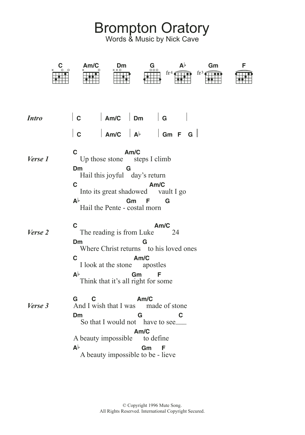 Nick Cave & The Bad Seeds Brompton Oratory Sheet Music Notes & Chords for Guitar Chords/Lyrics - Download or Print PDF
