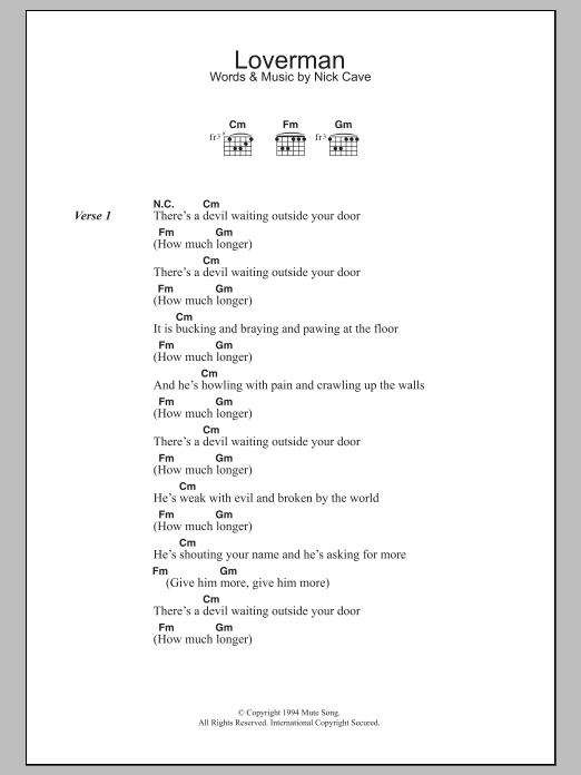 Nick Cave & The Bad Seeds Loverman Sheet Music Notes & Chords for Lyrics & Chords - Download or Print PDF