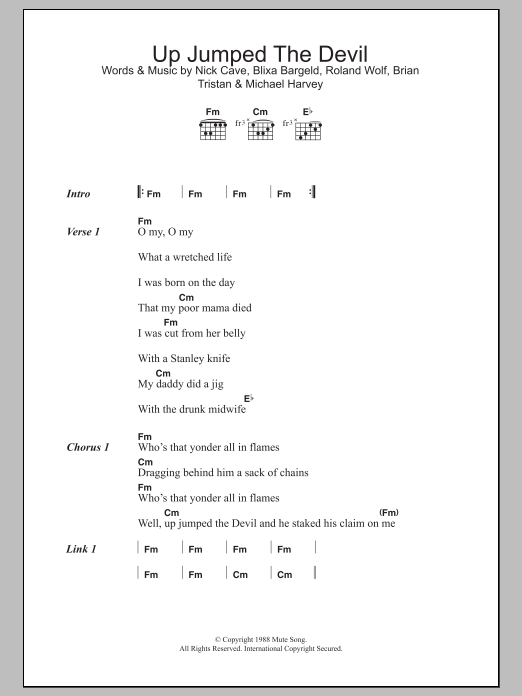 Nick Cave & The Bad Seeds Up Jumped The Devil Sheet Music Notes & Chords for Lyrics & Chords - Download or Print PDF