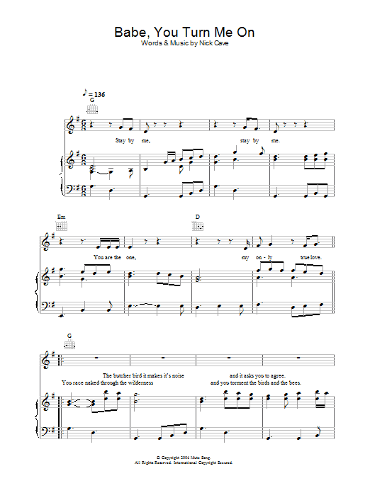 Nick Cave Babe, You Turn Me On Sheet Music Notes & Chords for Piano, Vocal & Guitar - Download or Print PDF