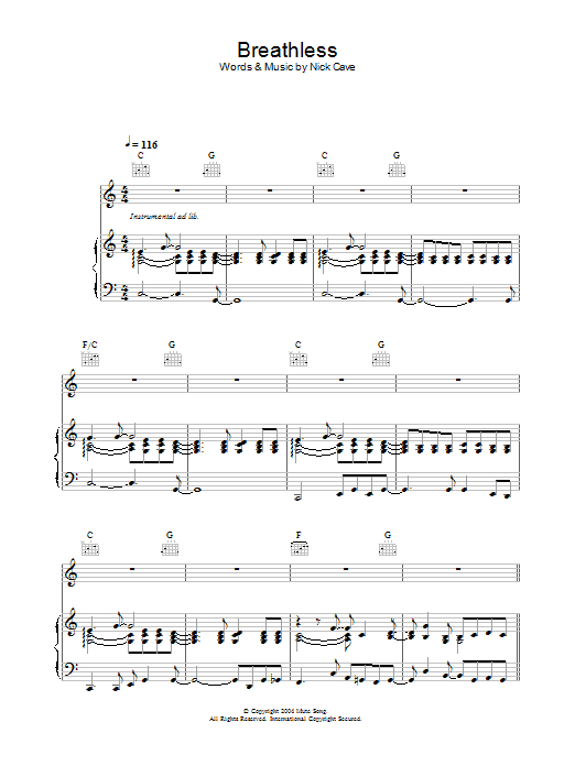 Nick Cave Breathless Sheet Music Notes & Chords for Piano, Vocal & Guitar - Download or Print PDF