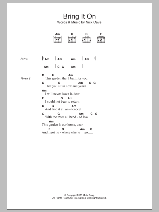 Nick Cave Bring It On Sheet Music Notes & Chords for Lyrics & Chords - Download or Print PDF