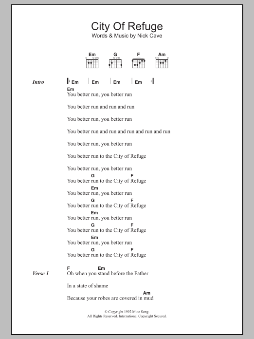Nick Cave City Of Refuge Sheet Music Notes & Chords for Lyrics & Chords - Download or Print PDF