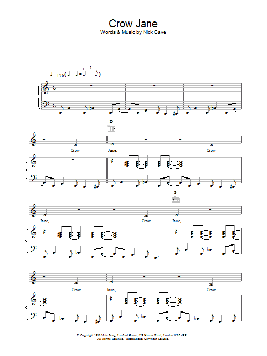 Nick Cave Crow Jane Sheet Music Notes & Chords for Piano, Vocal & Guitar - Download or Print PDF