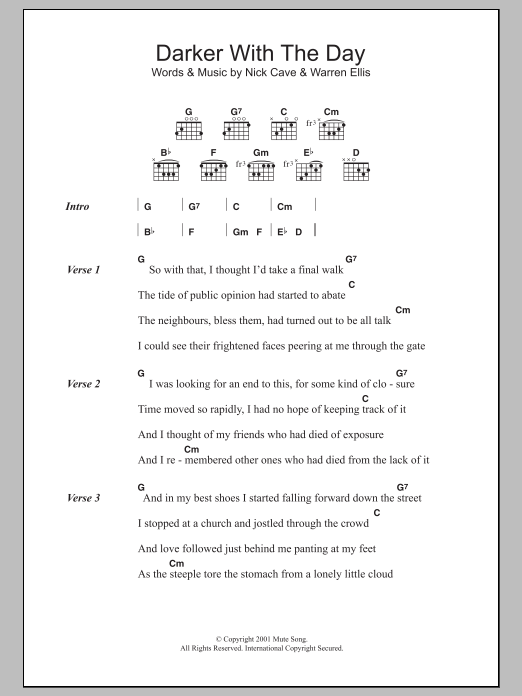 Nick Cave Darker With The Day Sheet Music Notes & Chords for Lyrics & Chords - Download or Print PDF